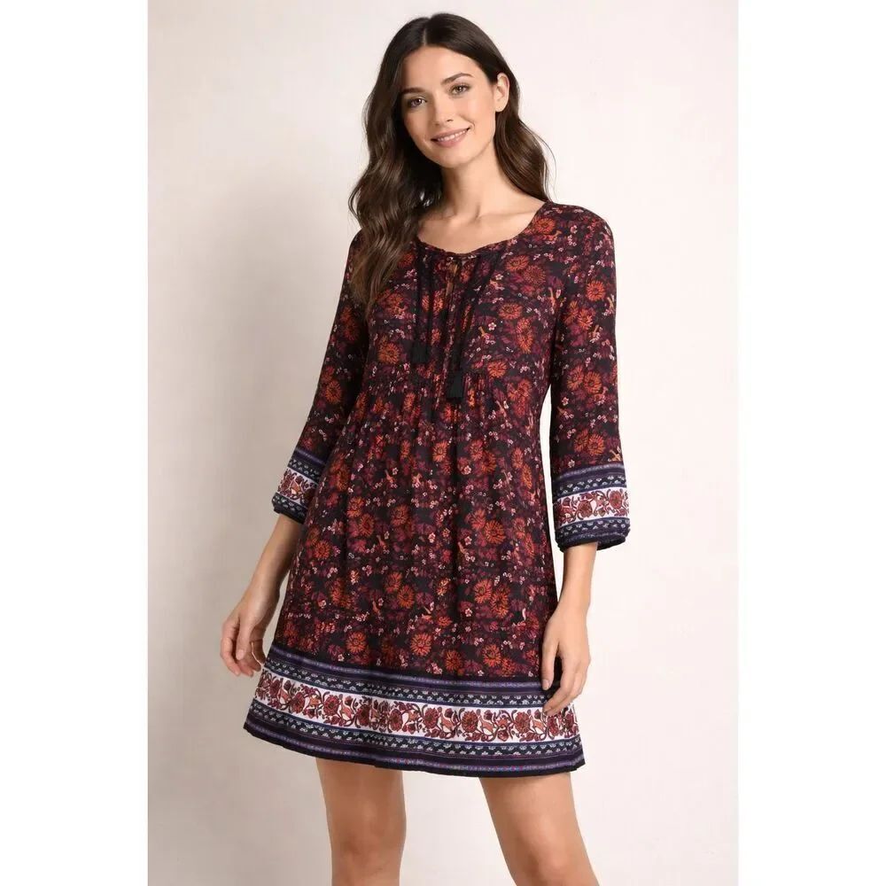 Old Navy Boho Floral Peasant Dress Black Red Small Tunic